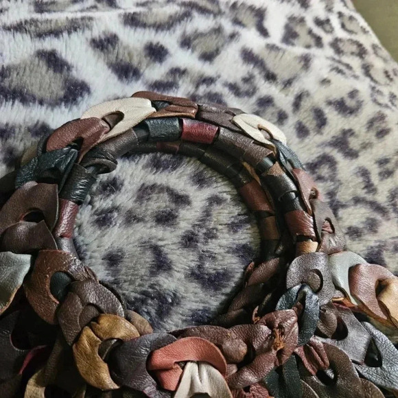 Vintage 70's | Slouchy Hippie Boho Leather Earthy Tones Chain Patchwork  Handbag - Picture 12 of 14